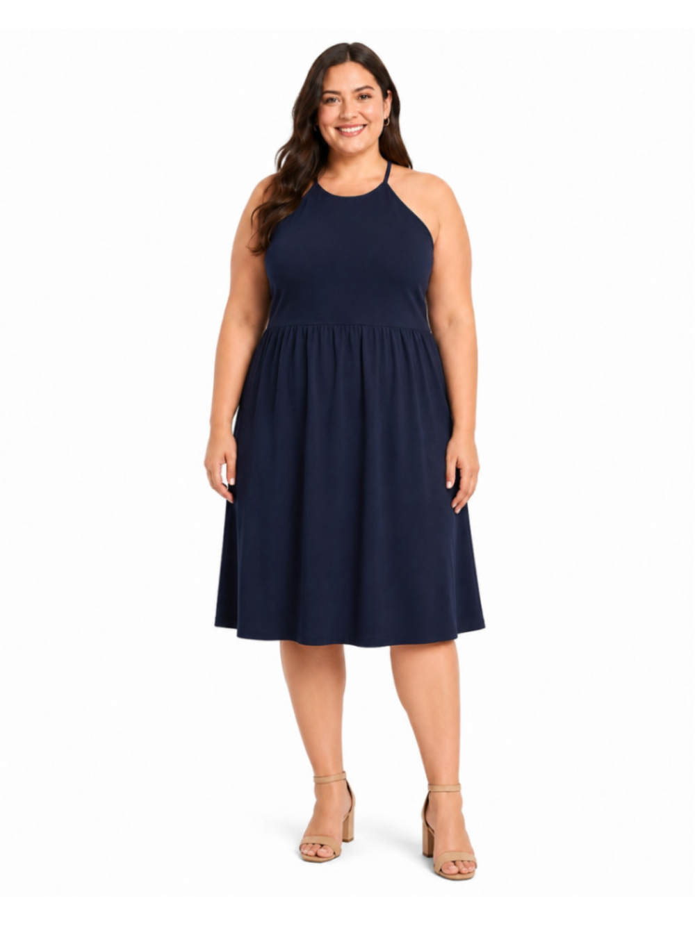 Boden Navy Blue High Neck Sleeveless Mixed Media A-Line Dress